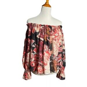 Elizabeth & James XS 100% Silk Off-Shoulder Top Balloon Sleeve Floral Pink Black